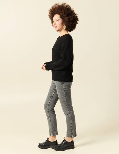 Pull manches longues col rond noir femme