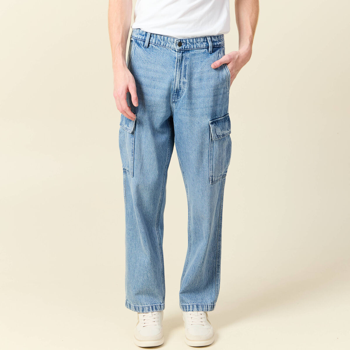 Cargo en coton denim bleach homme