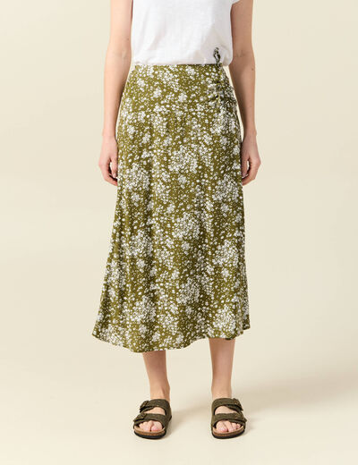 Jupe longue portefeuille vert olive femme