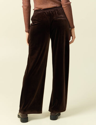 Pantalon large taille haute en velours marron fonc&eacute; femme