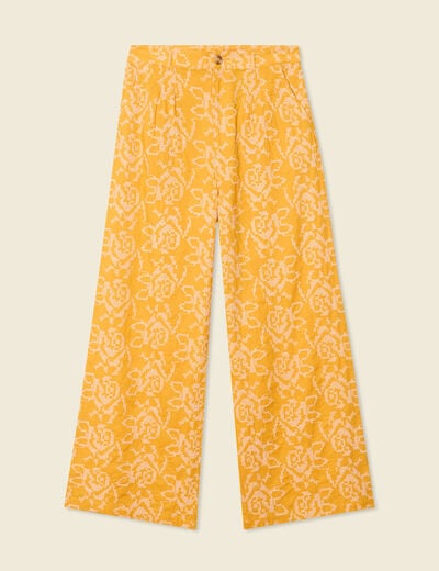 Pantalon large brodé jaune femme