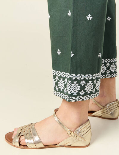 Pantalon large brodé vert kaki femme