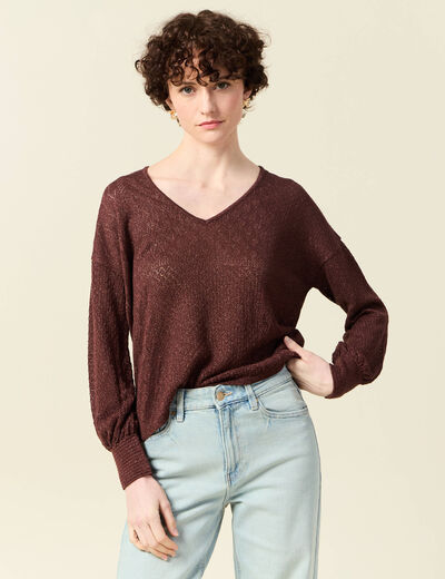 Pull manches longues ajouré bordeaux femme