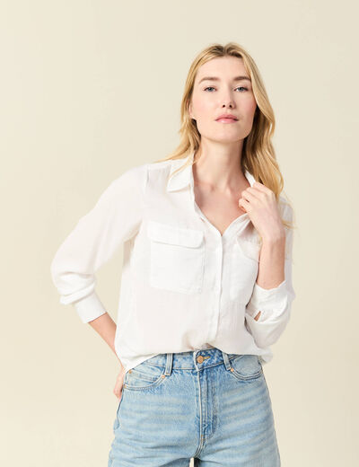 Chemise manches longues satin ecru femme