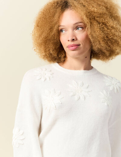 Pull manches longues col rond ecru femme