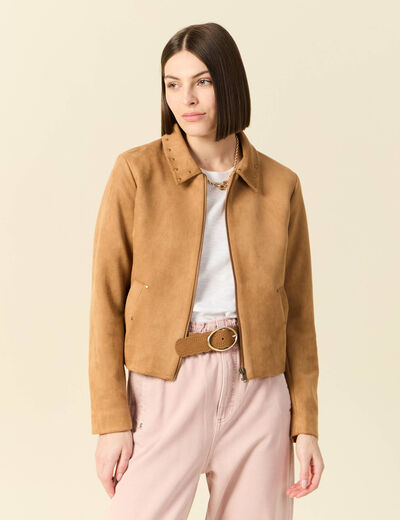 Blouson suédine col clouté beige femme