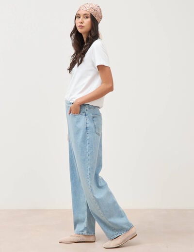 Jeans wide leg cropped taille bascul&eacute;e bleu ciel femme