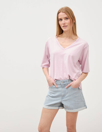 T-shirt col v manches courtes en coton parme femme