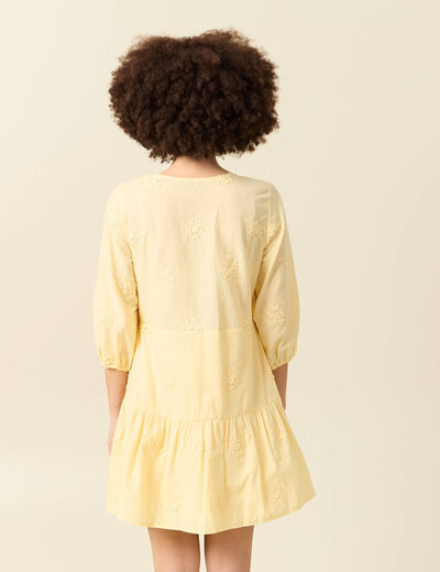 Robe col v manches 3/4 en coton jaune clair femme