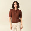 Polo col polo manches coude en coton marron fonc&eacute; femme