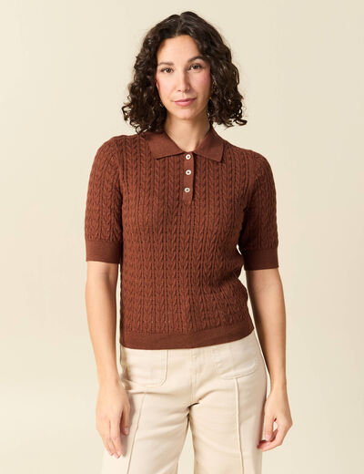 Polo col polo manches coude en coton marron fonc&eacute; femme