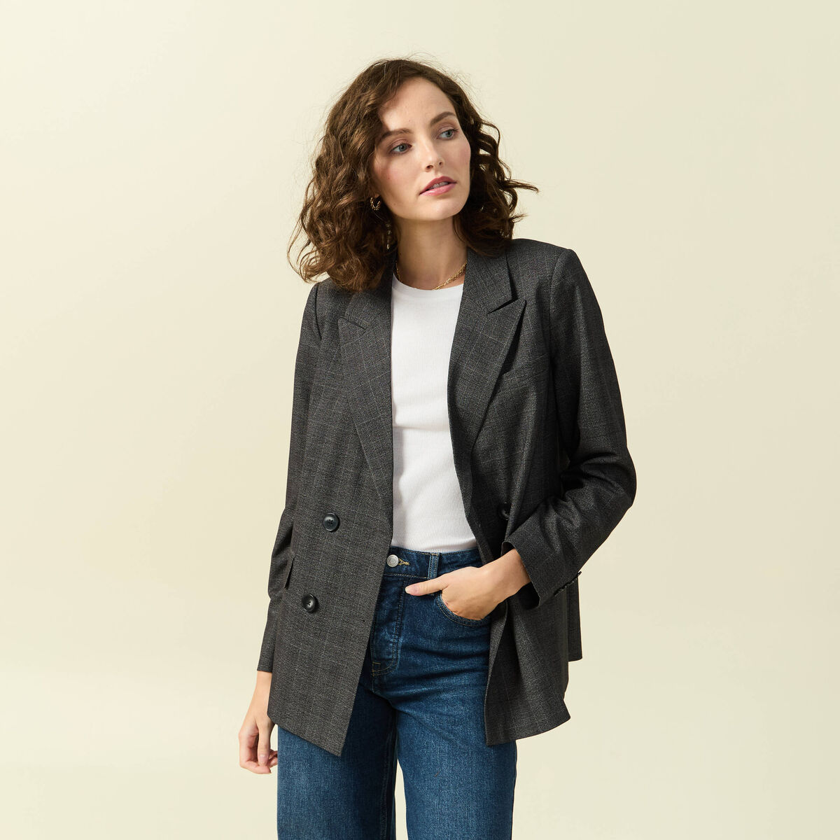 Veste oversize manches longues doubl&eacute;e gris fonc&eacute; femme
