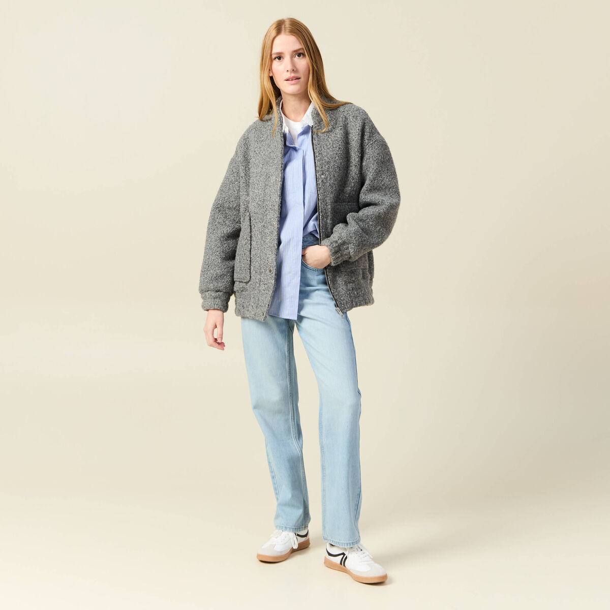 Jeans straight taille haute denim bleach femme
