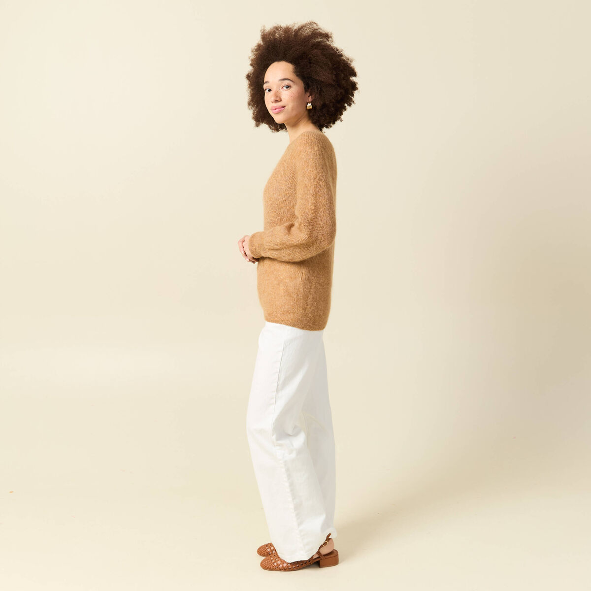 Pull manches longues col rond camel femme