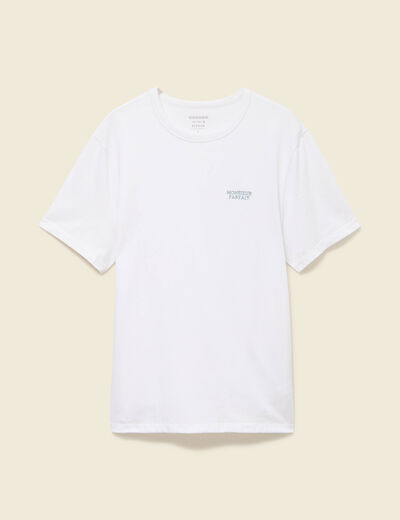 T-shirt col rond manches courtes brod&eacute; blanc homme