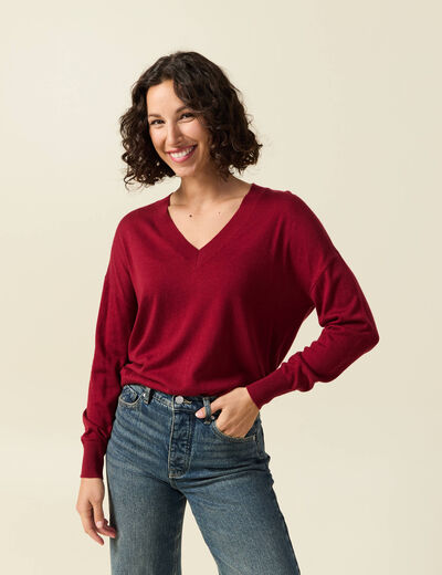 Pull fin col V manches longues rouge femme