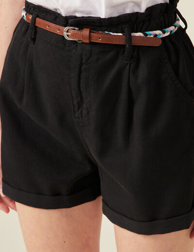 Short paperbag ceinturé noir femme
