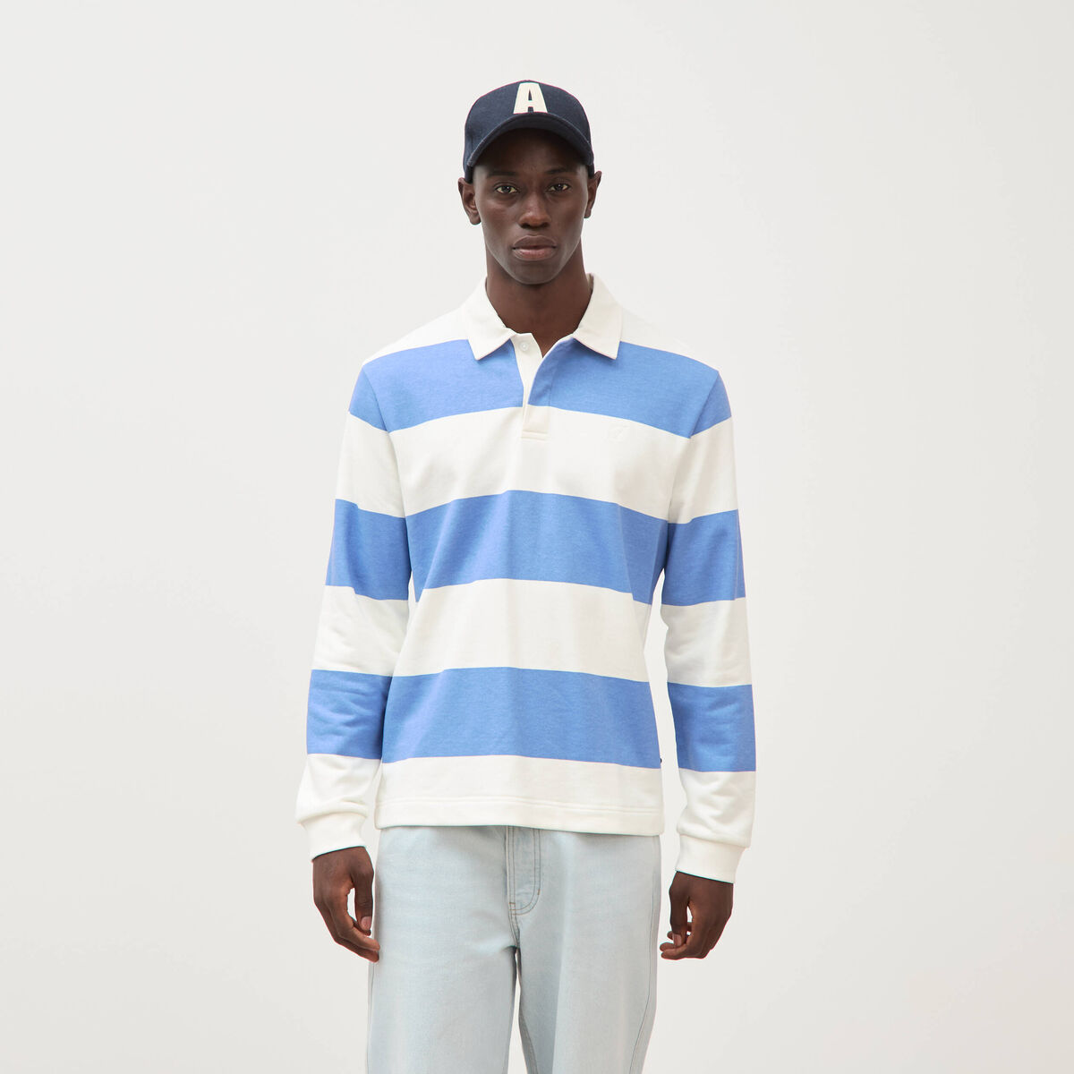 Polo manches longues broderie bleu violet homme