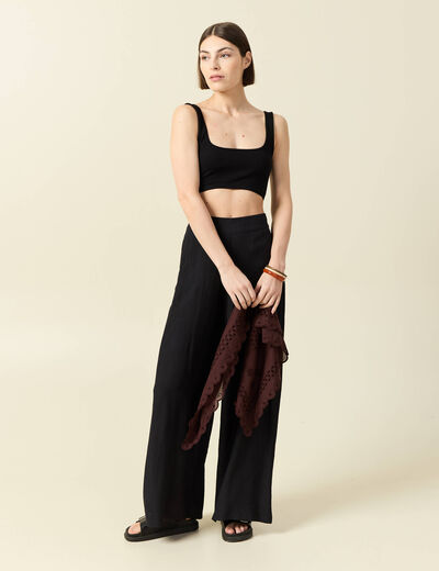 Pantalon large taille haute fluide noir femme