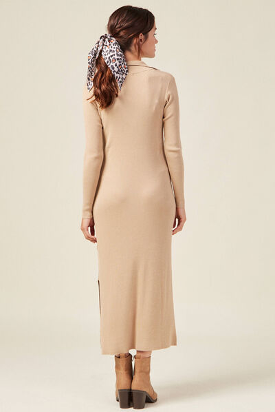 Robe pull longue moulante beige femme