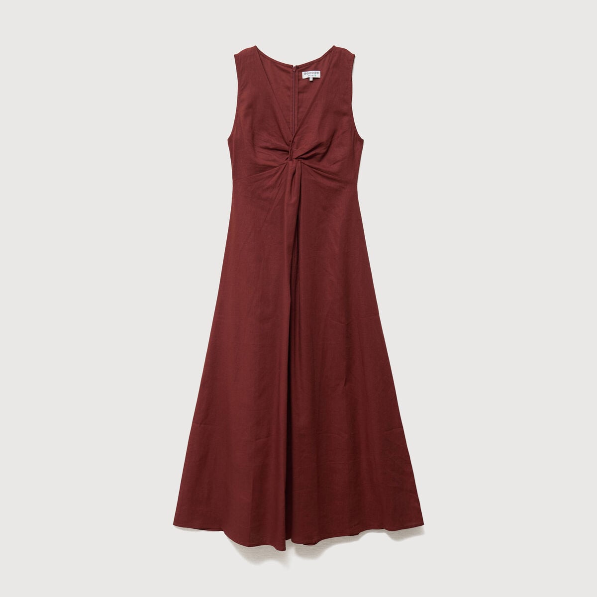 Robe sans manches col v marron cognac femme