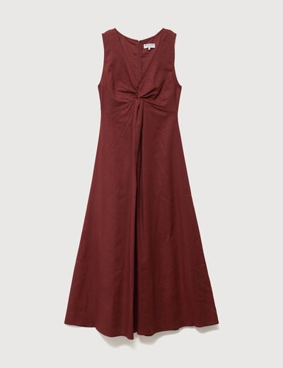 Robe sans manches col v marron cognac femme