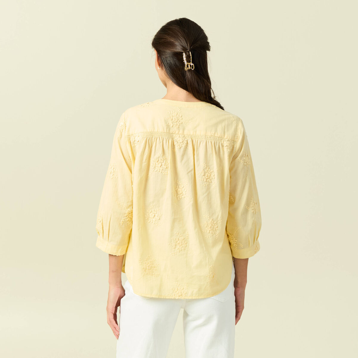 Chemise en coton manches 3/4 jaune clair femme