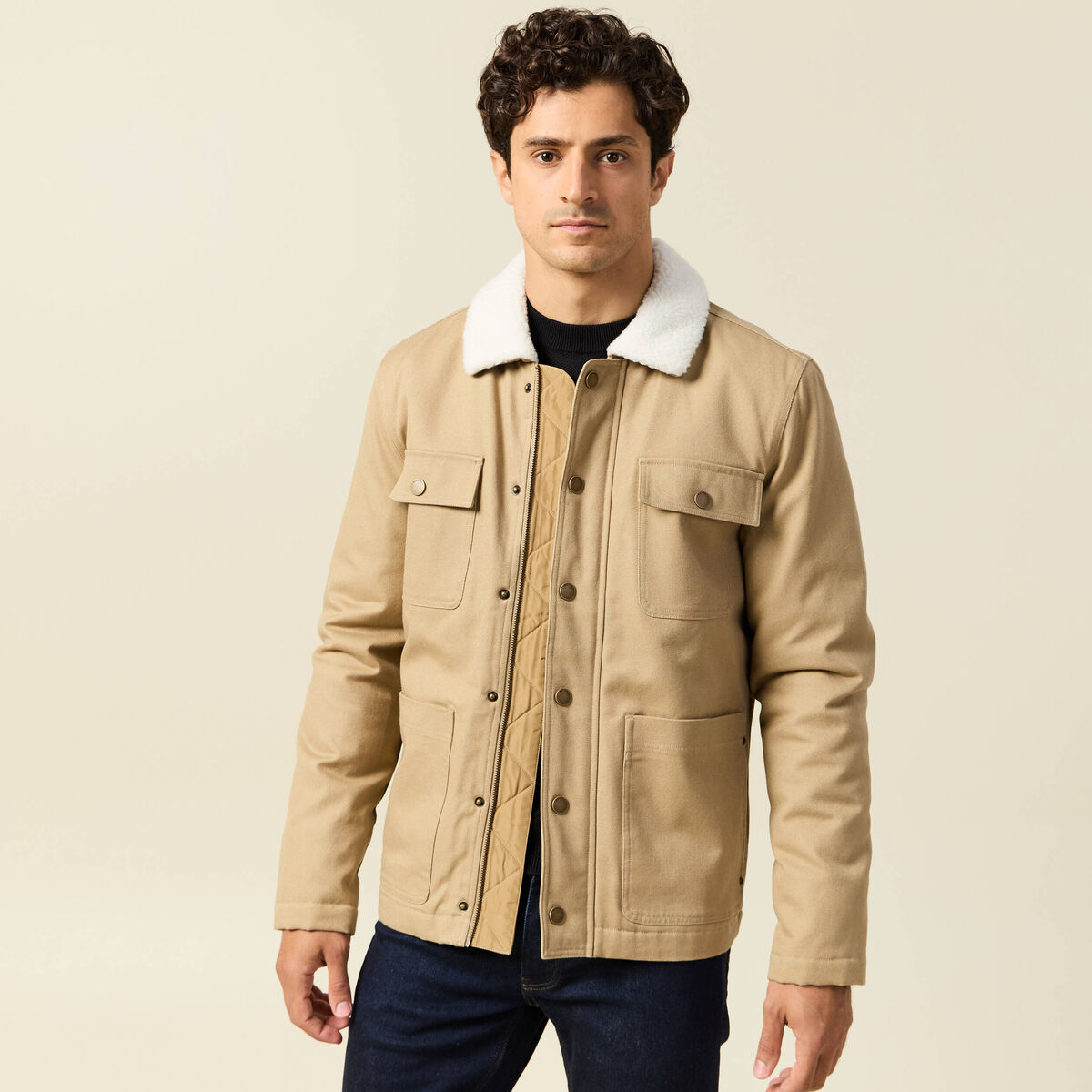 Blouson boutonn&eacute; col aviateur beige homme