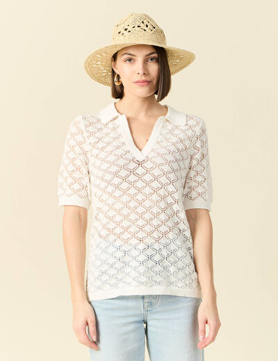 Pull manches courtes ajouré blanc femme