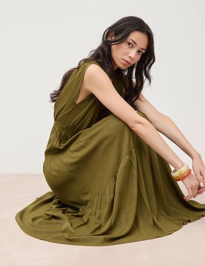 Robe fluide col v sans manches vert kaki femme