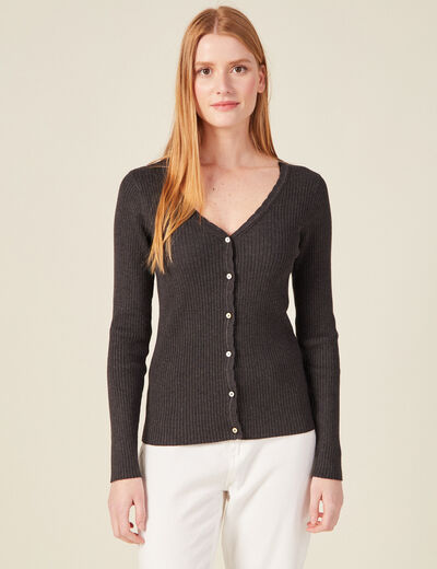 Gilet manches longues col v gris fonc&eacute; femme