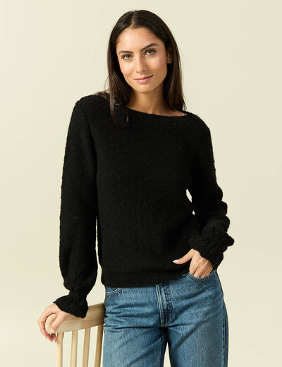 Pull ajour&eacute; col bateau manches longues noir femme