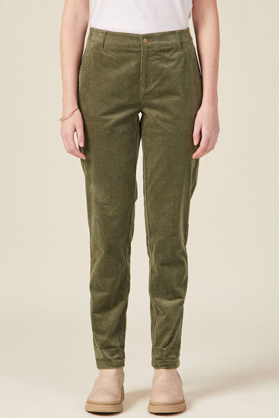 Pantalon chino velours côtelé vert kaki femme
