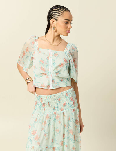 Top cintr&eacute; court voile col carr&eacute; vert pastel femme