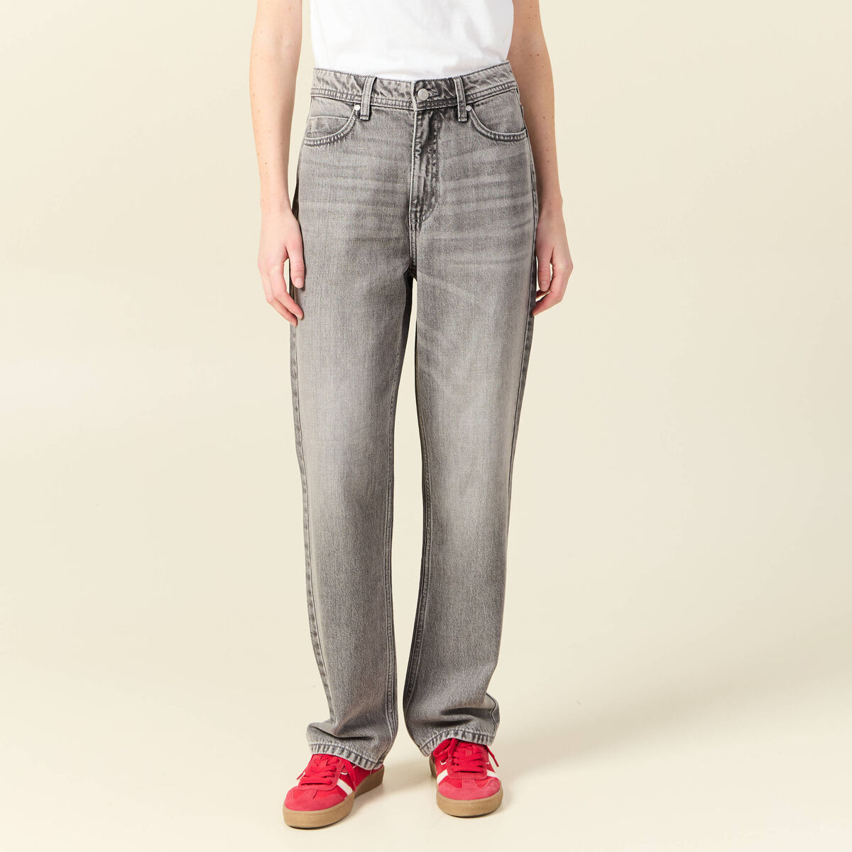 Jeans straight taille haute denim gris clair femme