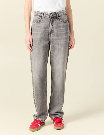 Jeans straight taille haute denim gris clair femme