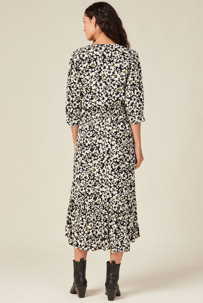 Robe longue évasée volantée noir femme