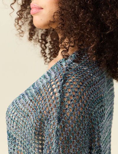 Pull manches courtes ajouré bleu clair femme