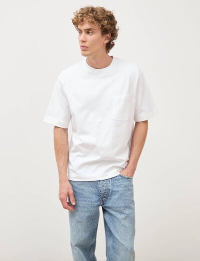 T-shirt droit en coton col ras du cou blanc homme