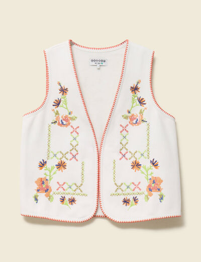 Cardigan droit court brod&eacute; sans manches ecru femme