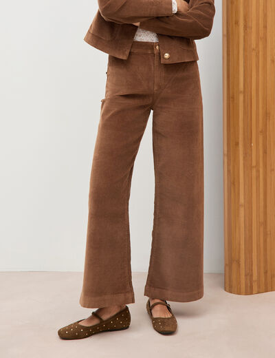 Pantalon large taille haute en velours vieux rose femme