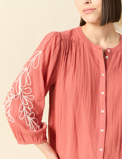 Chemise manches 3/4 brodée rose framboise femme