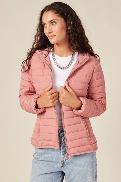 Doudoune droite à capuche rose femme