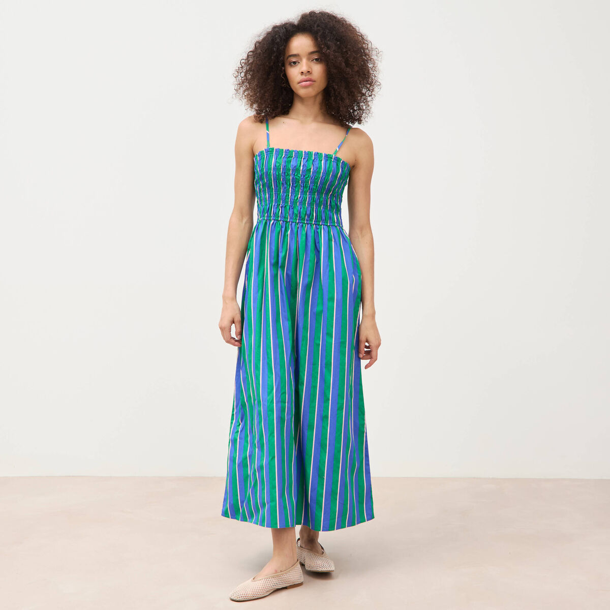 Robe bretelles col carr&eacute; en coton bleu femme