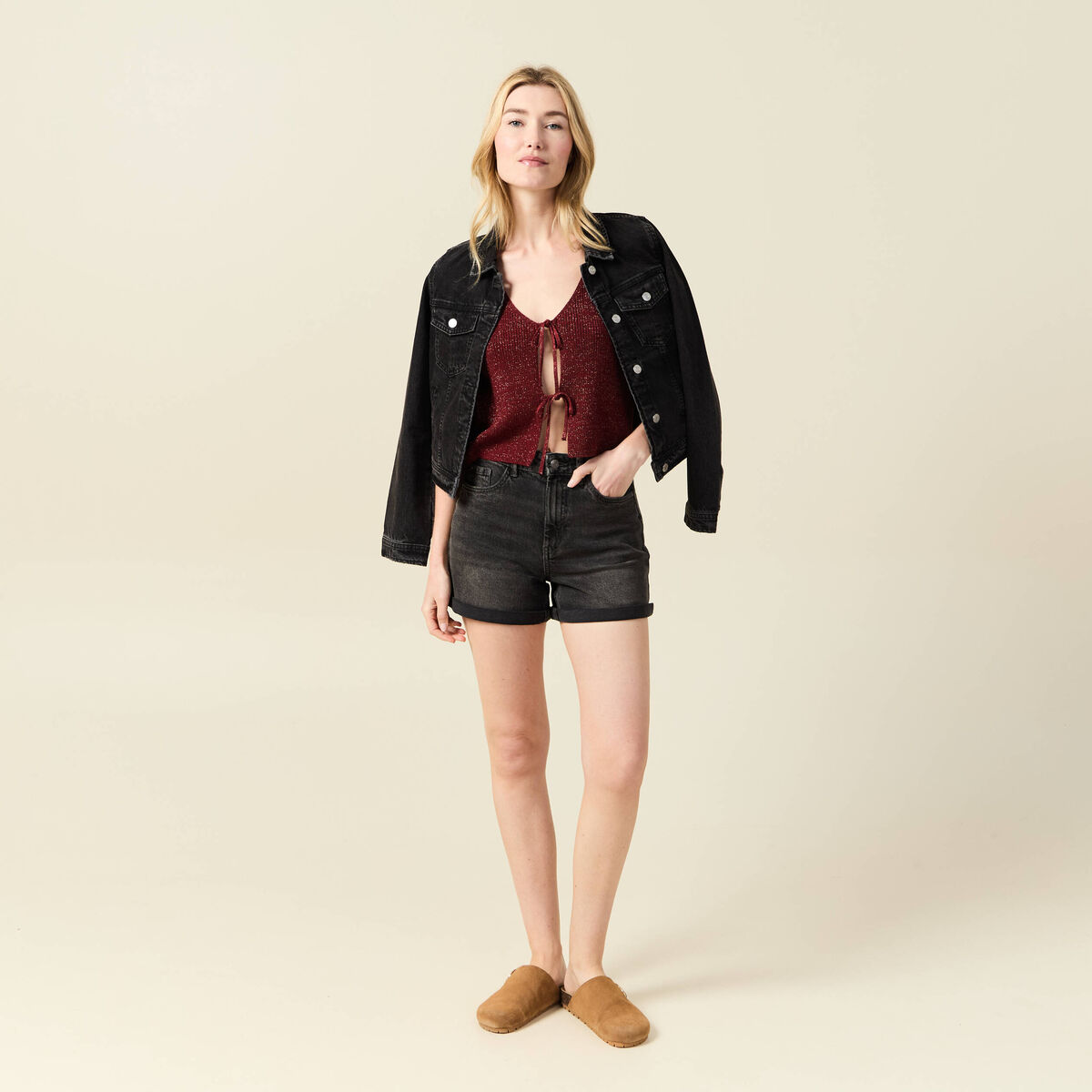 Débardeur tricot noué rose framboise femme