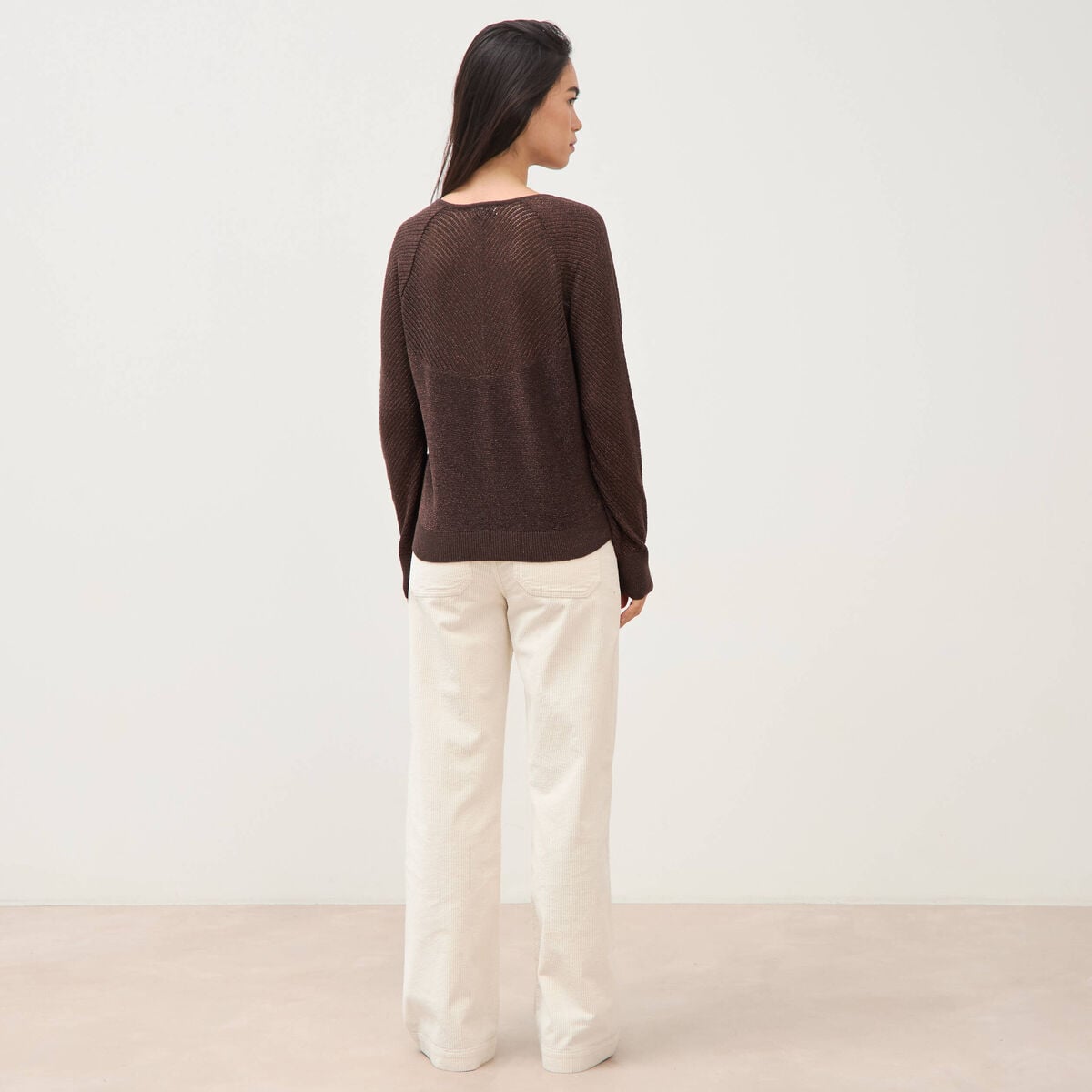 Pull droit col v manches longues marron femme