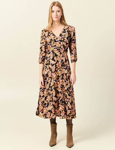 Robe midi évasée manches 3/4 noir femme