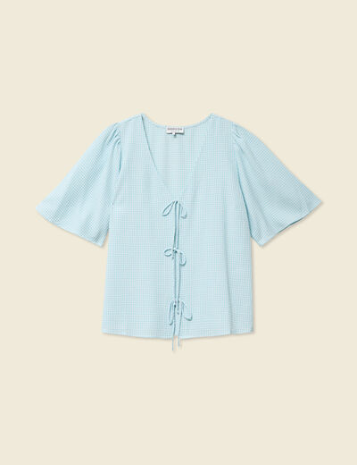 Blouse manches courtes nouée bleu pastel femme