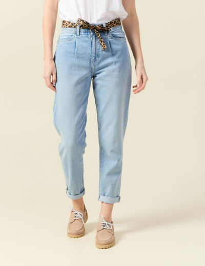 Jeans mom ceinture foulard denim bleach femme