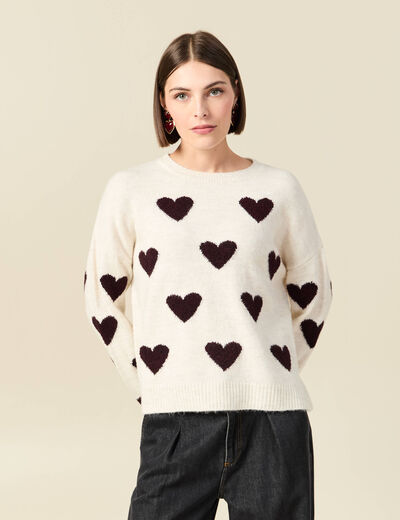 Pull manches longues bouclette col rond prune femme